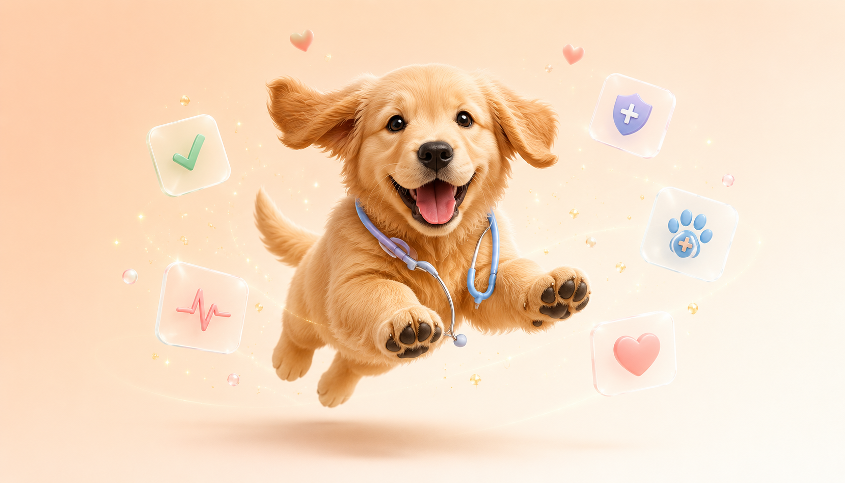 Happy dog with AI health indicators floating around