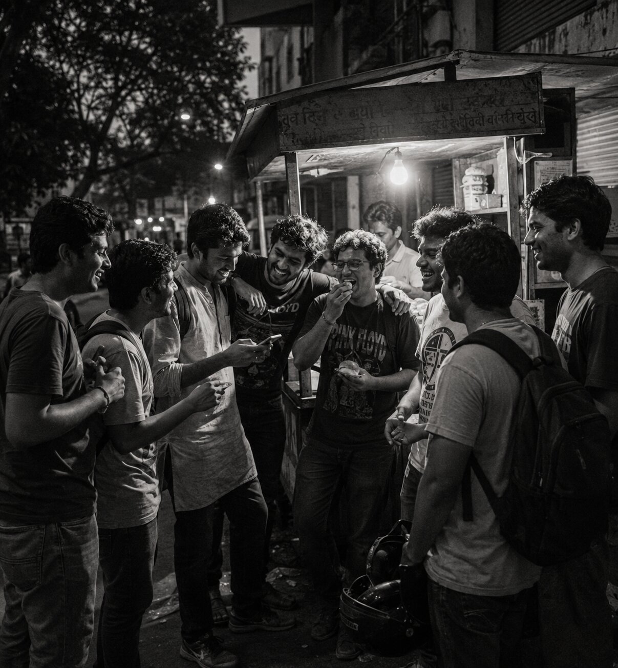 College days photo, black and white, friends at vada pav stall