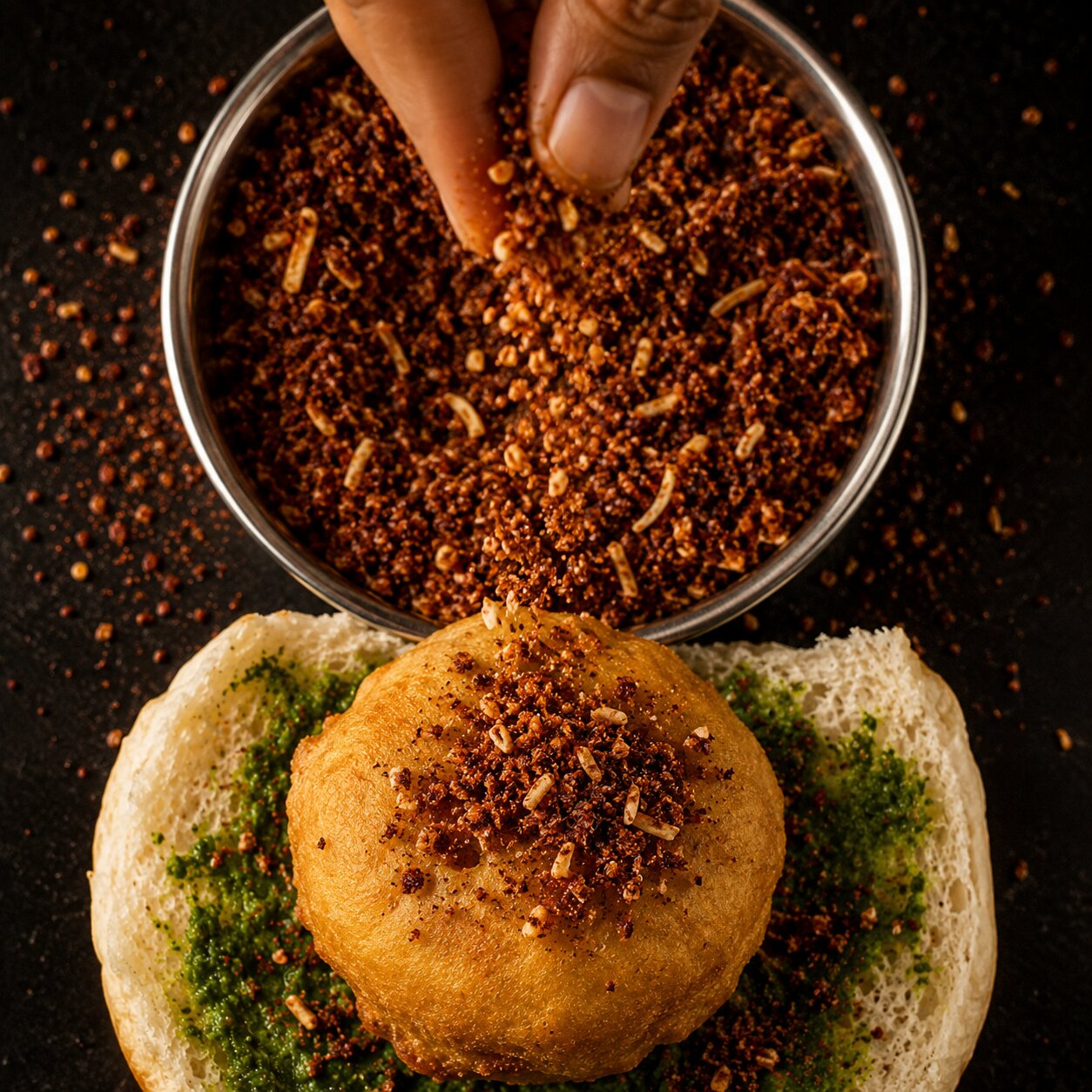 Dry garlic chutney sprinkled on top