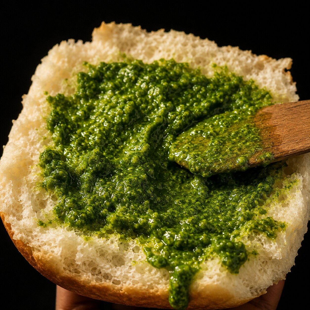 Green mint-coriander chutney spread on bread