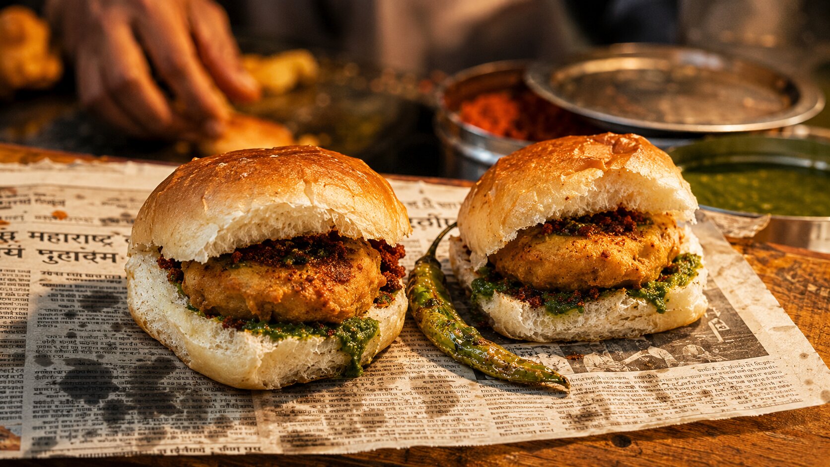 Two vada pavs resting on a torn piece of Marathi newspaper, warm tungsten lighting